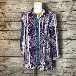 Chico's Printed Hem Tunic Top Size 2 (Large)  Woven Button Up Front Blouse Pit
